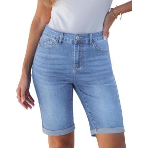 image:imageluvamia Bermuda Jean Shorts for Women Knee Length High Waisted Trendy Cuffed Hem Long Stretchy Denim Shorts Summer JortsSeaside Blue