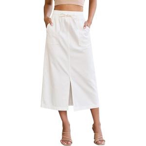 image:imageluvamia Jean Skirts for Women High Waisted Midi Denim Drawstring Elastic Waist Long Skirt with Pockets Front SlitCream White