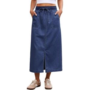 image:imageluvamia Jean Skirts for Women High Waisted Midi Denim Drawstring Elastic Waist Long Skirt with Pockets Front SlitDarkness Blue