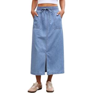 image:imageluvamia Jean Skirts for Women High Waisted Midi Denim Drawstring Elastic Waist Long Skirt with Pockets Front SlitLakeside Blue