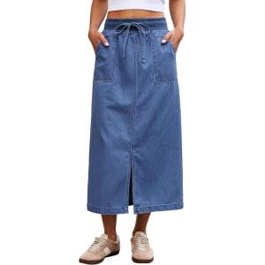 image:imageluvamia Jean Skirts for Women High Waisted Midi Denim Drawstring Elastic Waist Long Skirt with Pockets Front SlitMedium Blue