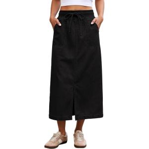 image:imageluvamia Jean Skirts for Women High Waisted Midi Denim Drawstring Elastic Waist Long Skirt with Pockets Front SlitTrue Black