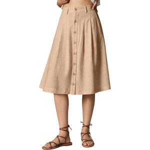 image:imageluvamia Linen Skirts for Women Midi Pleated Elastic High Waisted Casual Button Down A Line Flowy Summer Skirt with PocketsAlmond