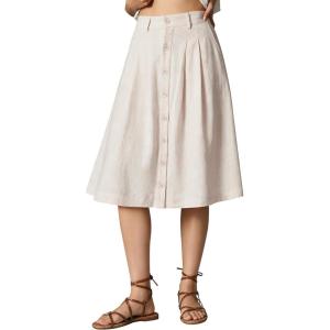 image:imageluvamia Linen Skirts for Women Midi Pleated Elastic High Waisted Casual Button Down A Line Flowy Summer Skirt with PocketsBeige