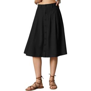 image:imageluvamia Linen Skirts for Women Midi Pleated Elastic High Waisted Casual Button Down A Line Flowy Summer Skirt with PocketsBlack
