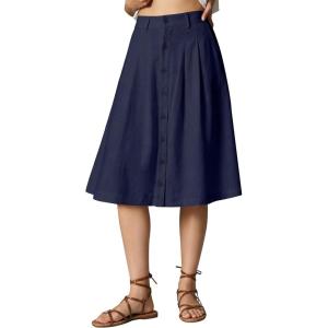 image:imageluvamia Linen Skirts for Women Midi Pleated Elastic High Waisted Casual Button Down A Line Flowy Summer Skirt with PocketsDark Blue