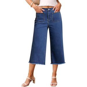 image:imageluvamia Womens Wide Leg High Waisted Cropped Capri JeansClassic Blue