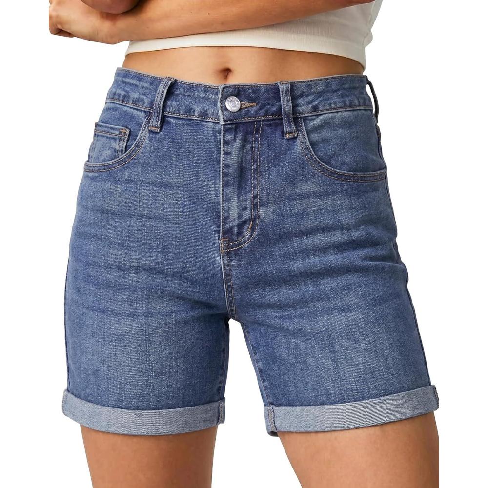 image:imageluvamia Jean Shorts for Women High Waisted Trendy Mid Thigh Long Cuffed Hem Stretchy Denim Shorts Casual Summer JortsVintage Blue