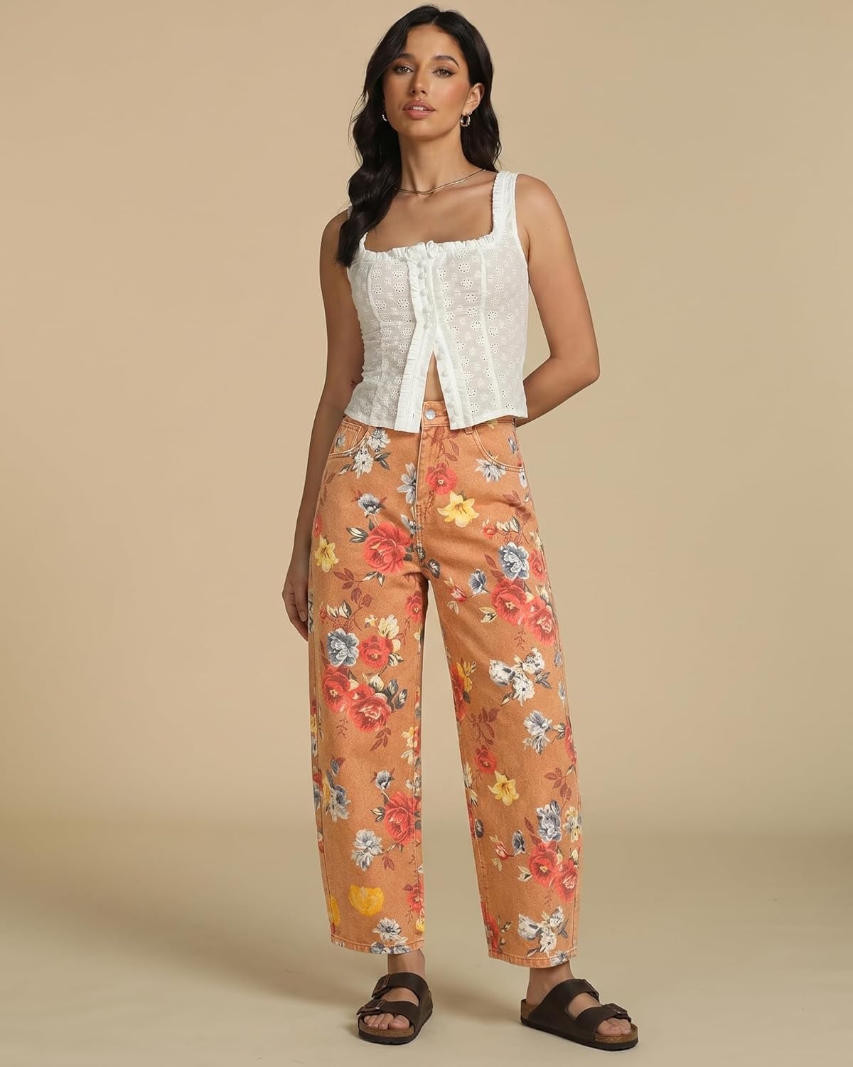 image:imageluvamia Barrel Jeans for Women Cropped High Waisted Baggy Colored Floral Printed Women Western Boyfriend Jeans StretchyBrown Floral