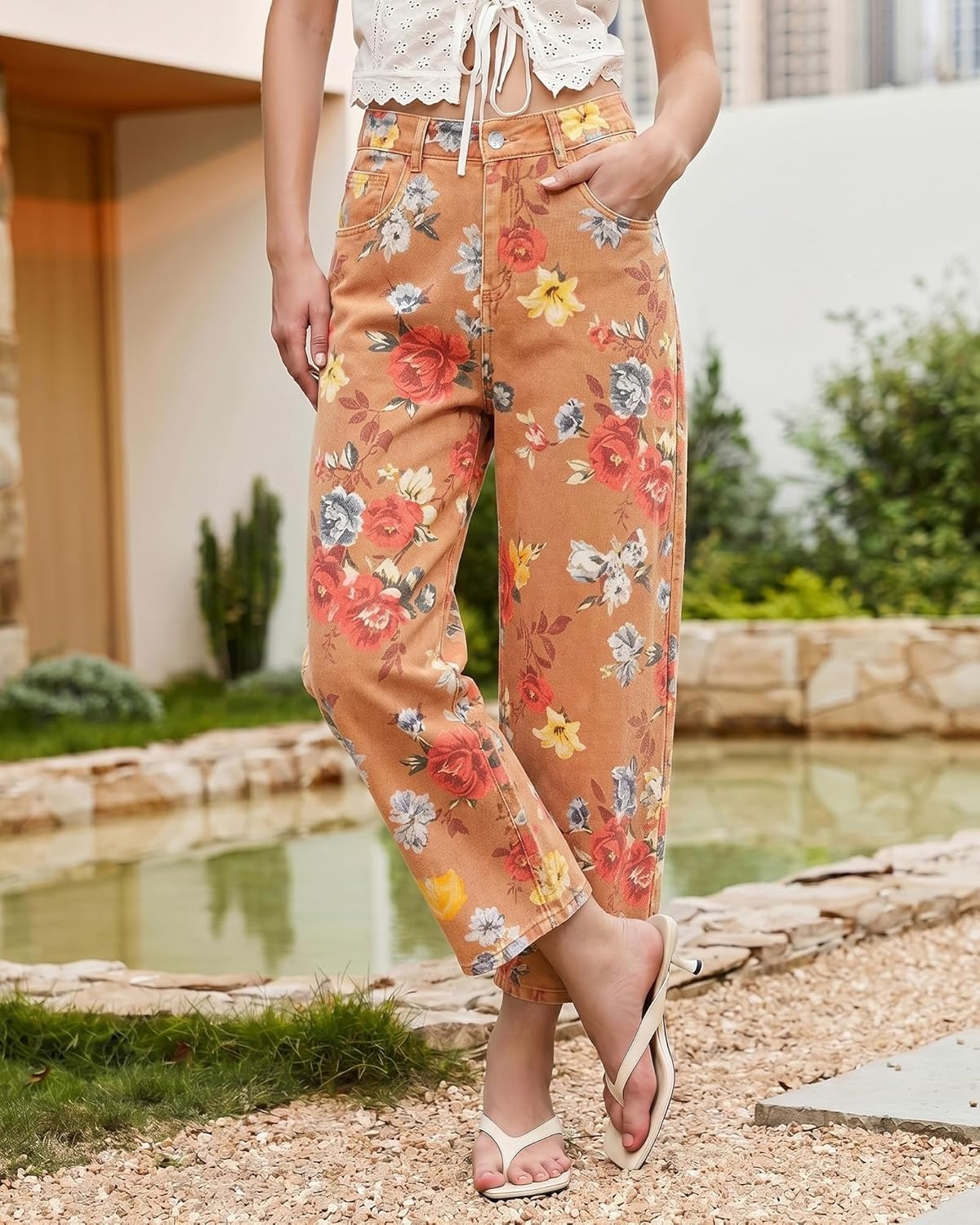 image:imageluvamia Barrel Jeans for Women Cropped High Waisted Baggy Colored Floral Printed Women Western Boyfriend Jeans StretchyBrown Floral