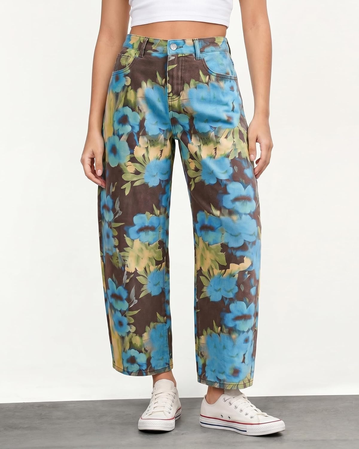 image:imageluvamia Barrel Jeans for Women Cropped High Waisted Baggy Colored Floral Printed Women Western Boyfriend Jeans StretchyDark Floral