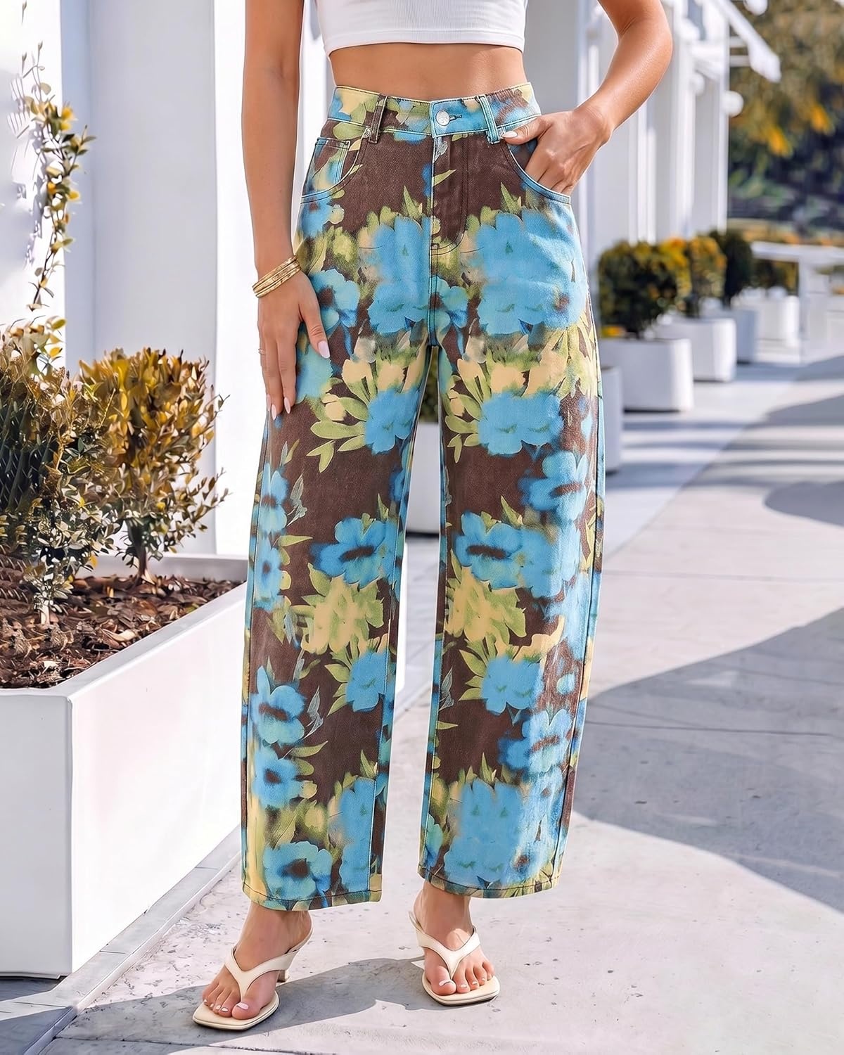 image:imageluvamia Barrel Jeans for Women Cropped High Waisted Baggy Colored Floral Printed Women Western Boyfriend Jeans StretchyDark Floral