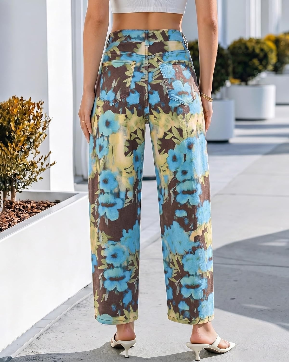 image:imageluvamia Barrel Jeans for Women Cropped High Waisted Baggy Colored Floral Printed Women Western Boyfriend Jeans StretchyDark Floral