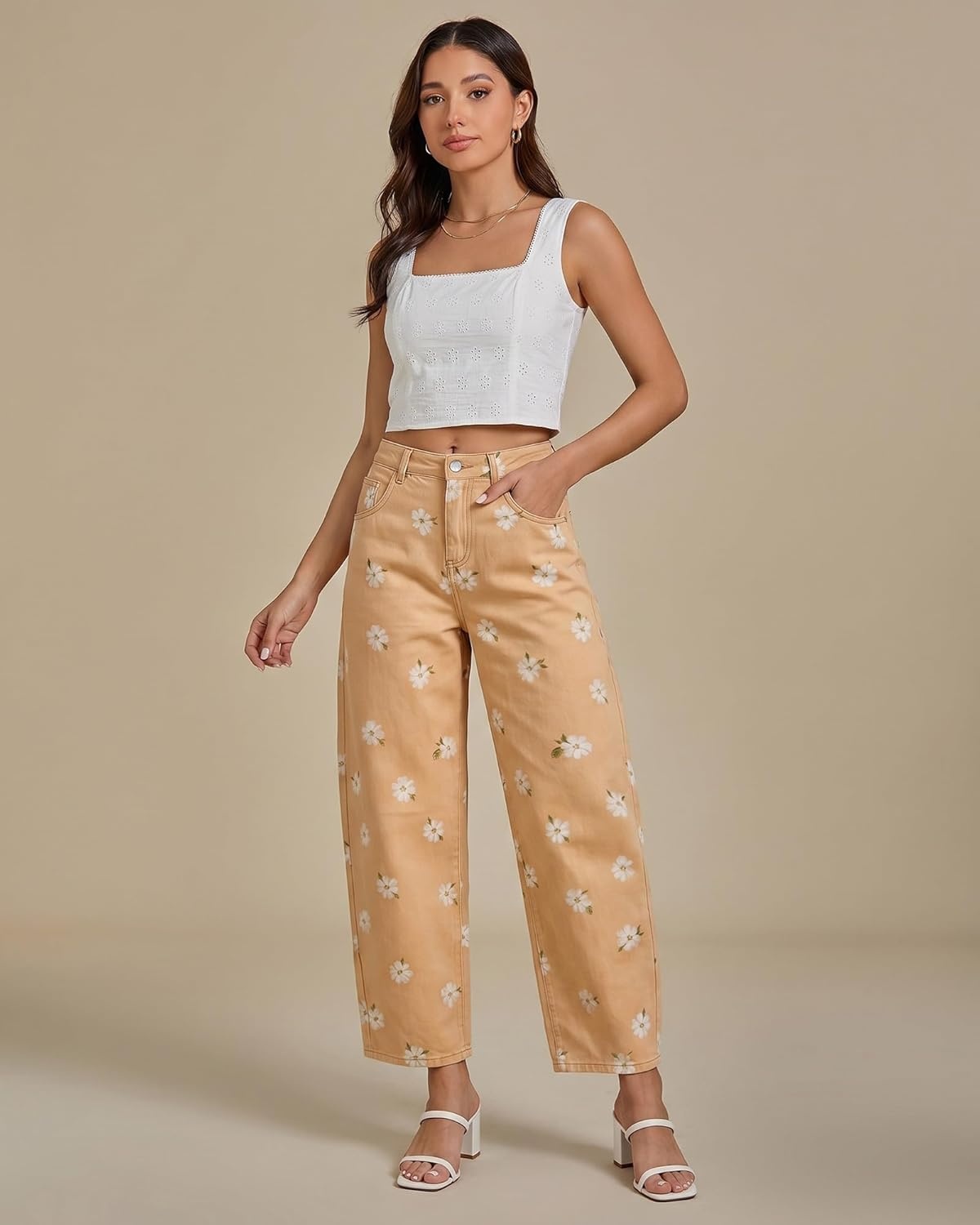 image:imageluvamia Barrel Jeans for Women Cropped High Waisted Baggy Colored Floral Printed Women Western Boyfriend Jeans StretchyKhaki Orchid