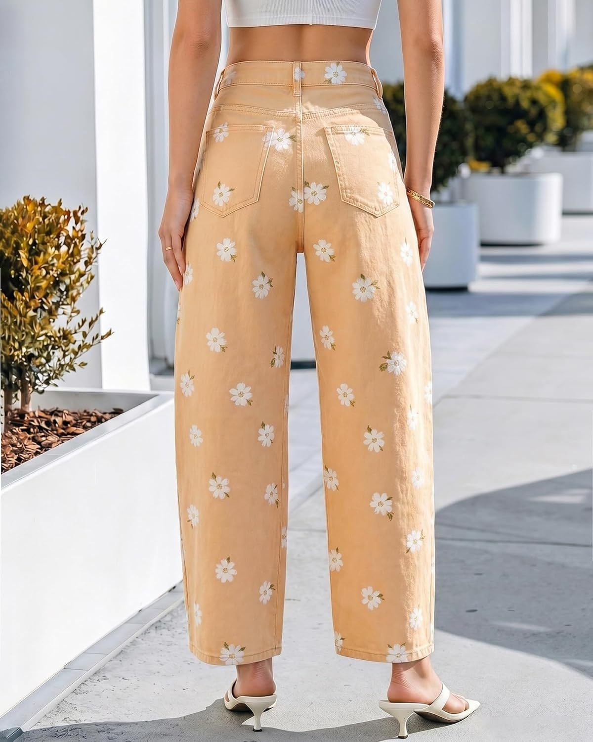 image:imageluvamia Barrel Jeans for Women Cropped High Waisted Baggy Colored Floral Printed Women Western Boyfriend Jeans StretchyKhaki Orchid