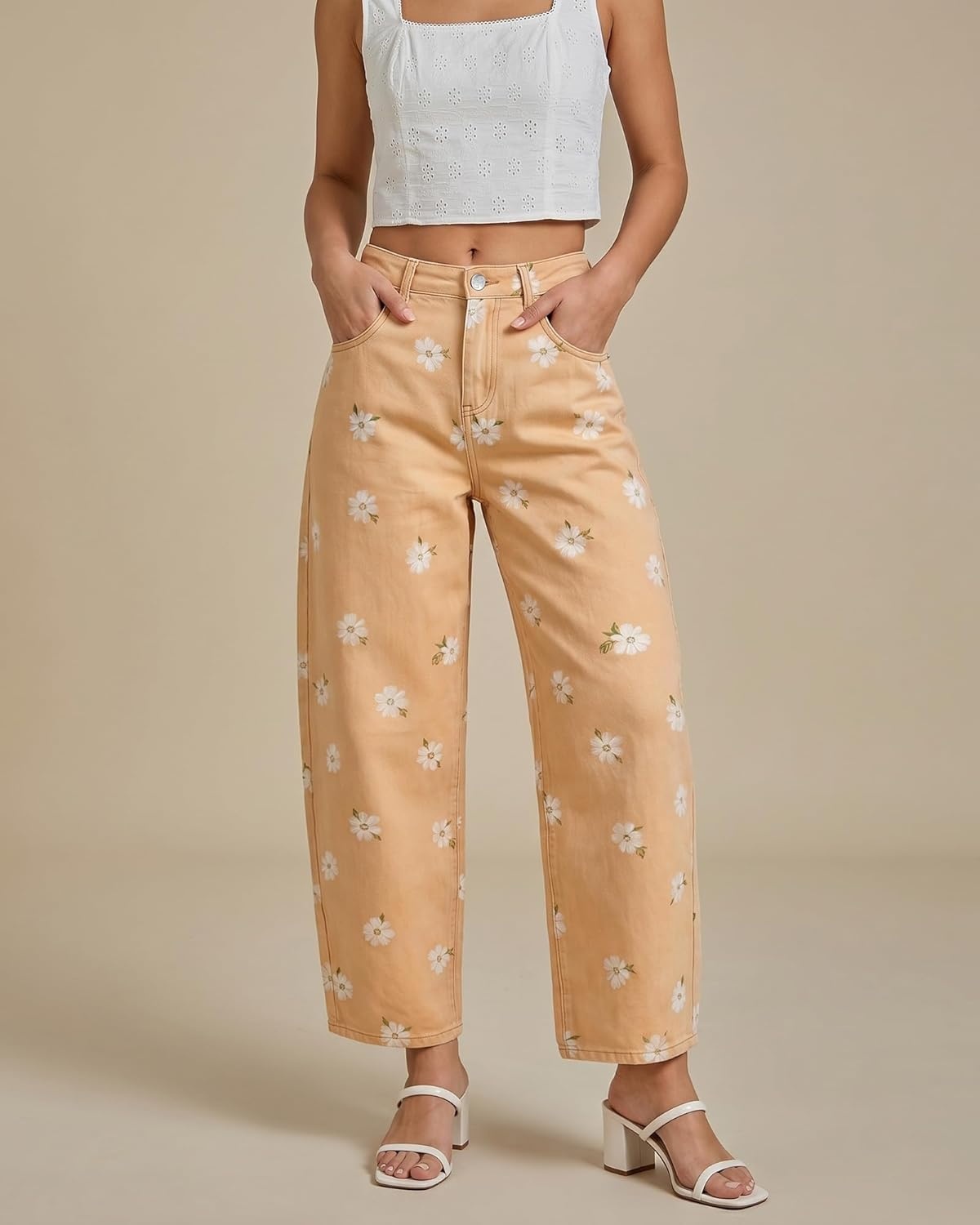image:imageluvamia Barrel Jeans for Women Cropped High Waisted Baggy Colored Floral Printed Women Western Boyfriend Jeans StretchyKhaki Orchid