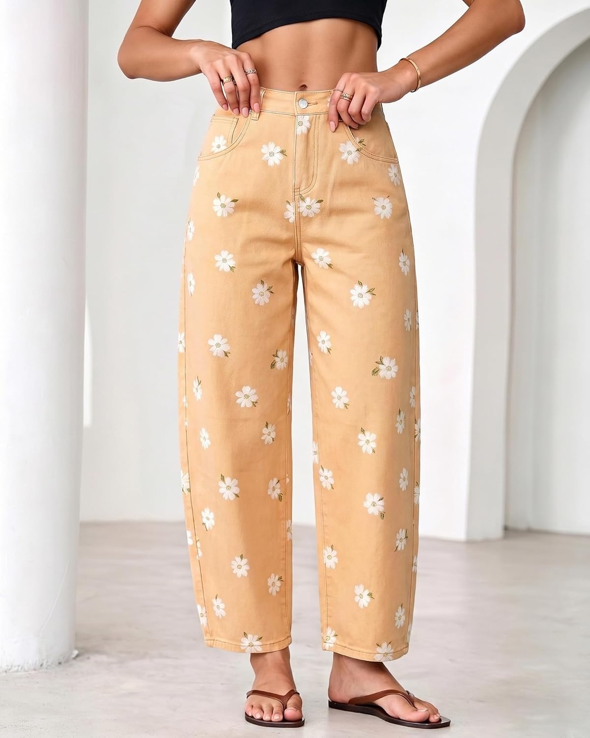 image:imageluvamia Barrel Jeans for Women Cropped High Waisted Baggy Colored Floral Printed Women Western Boyfriend Jeans StretchyKhaki Orchid