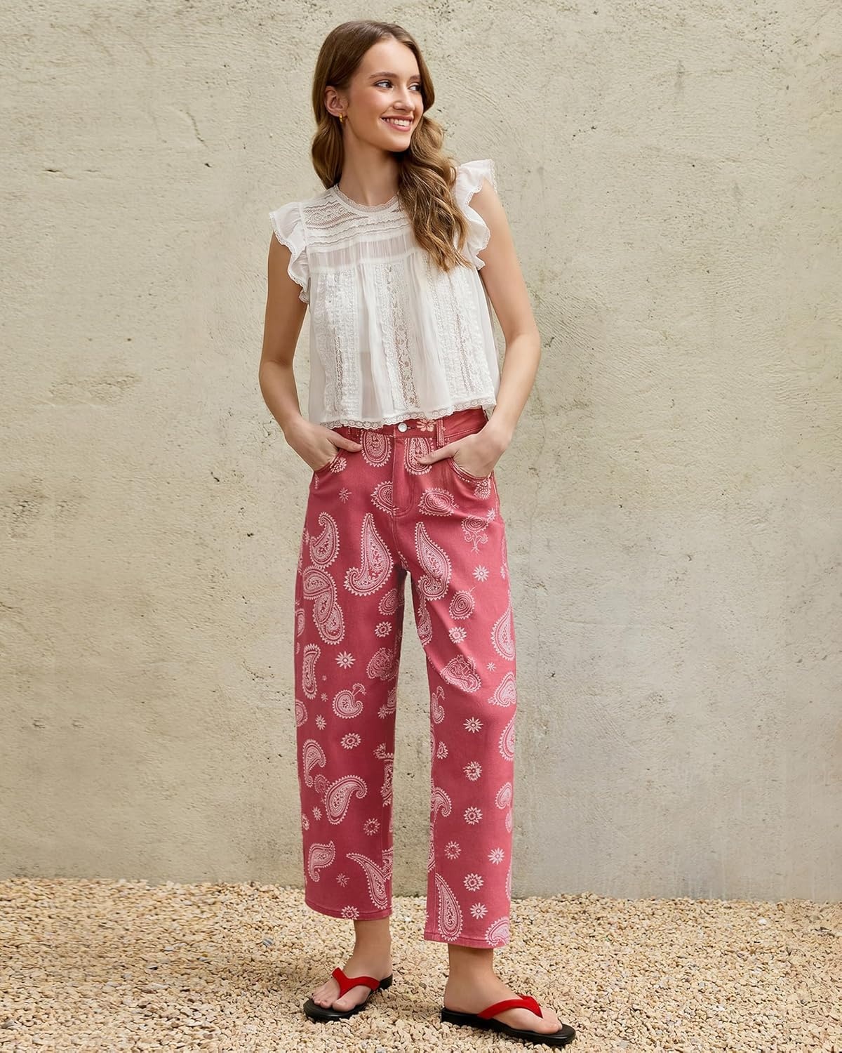 image:imageluvamia Barrel Jeans for Women Cropped High Waisted Baggy Colored Floral Printed Women Western Boyfriend Jeans StretchyRose Red Paisley