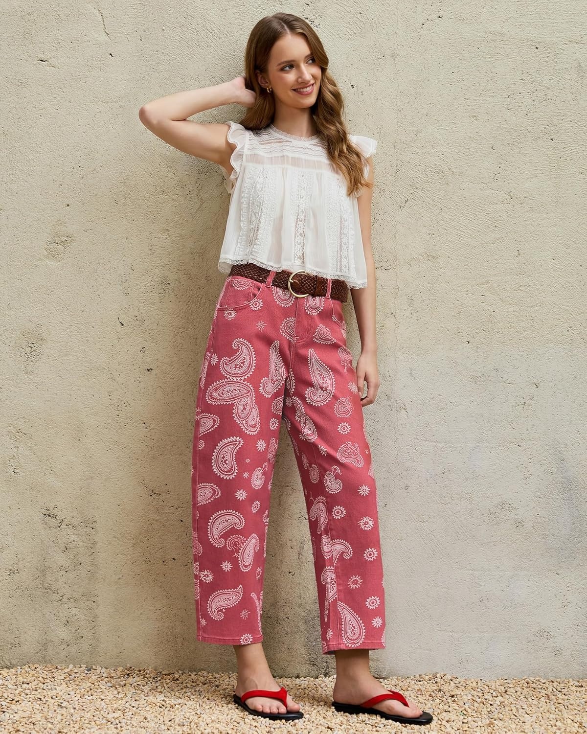 image:imageluvamia Barrel Jeans for Women Cropped High Waisted Baggy Colored Floral Printed Women Western Boyfriend Jeans StretchyRose Red Paisley