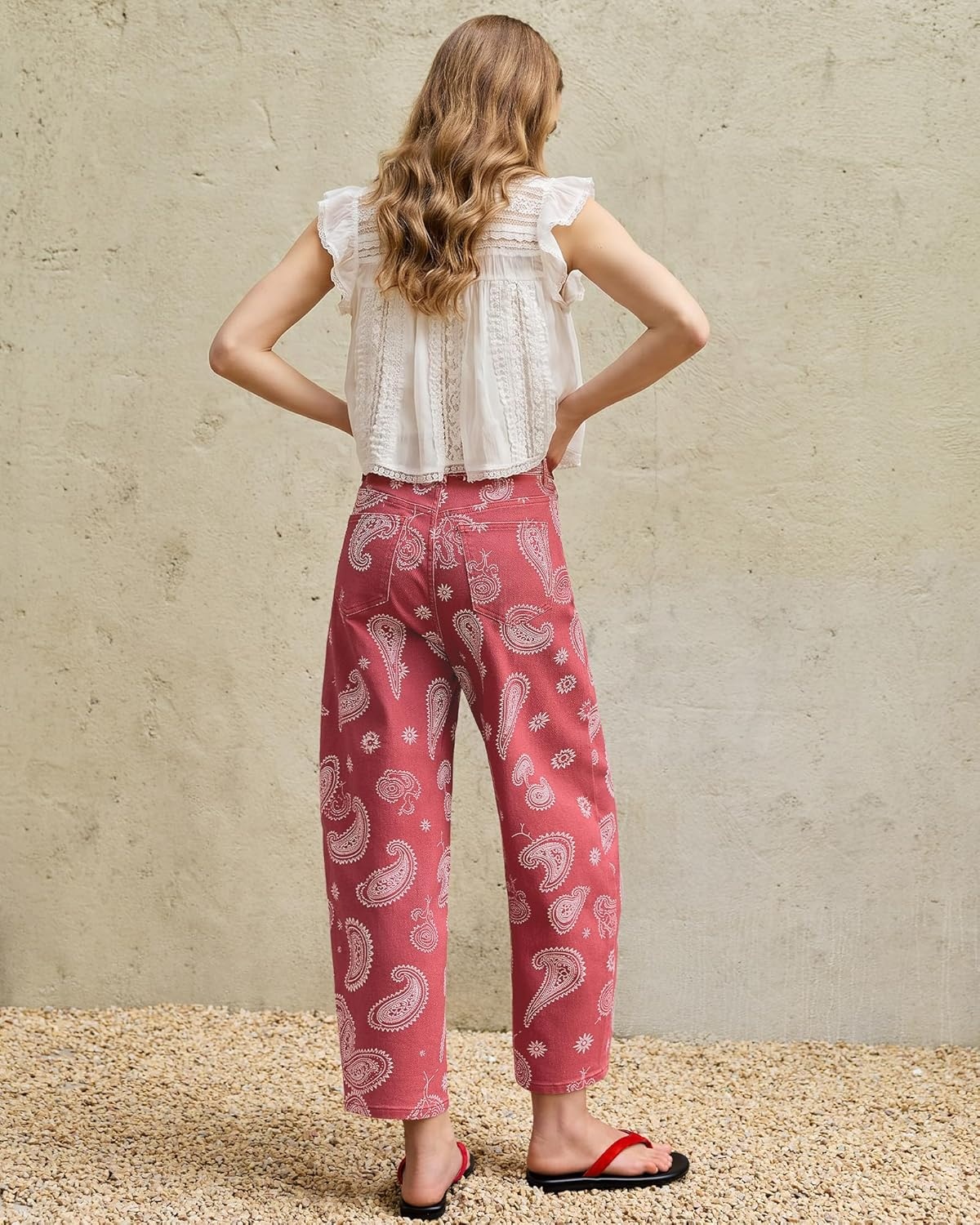 image:imageluvamia Barrel Jeans for Women Cropped High Waisted Baggy Colored Floral Printed Women Western Boyfriend Jeans StretchyRose Red Paisley