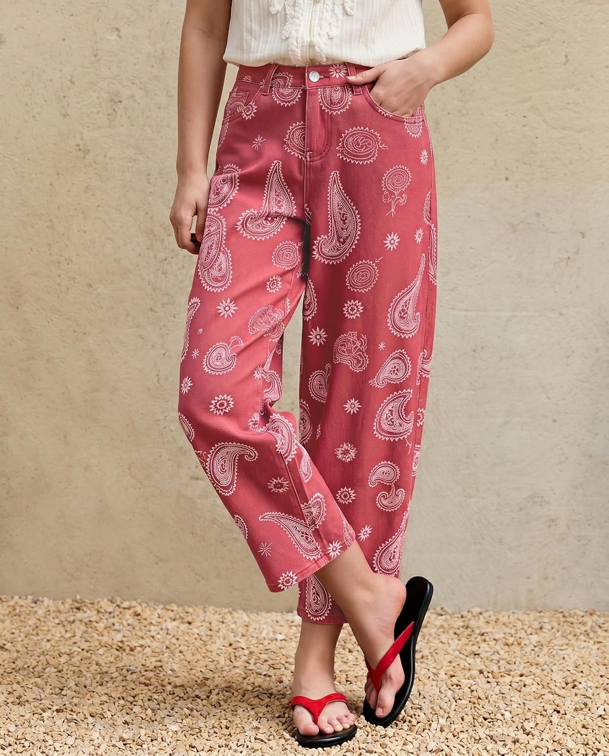 image:imageluvamia Barrel Jeans for Women Cropped High Waisted Baggy Colored Floral Printed Women Western Boyfriend Jeans StretchyRose Red Paisley