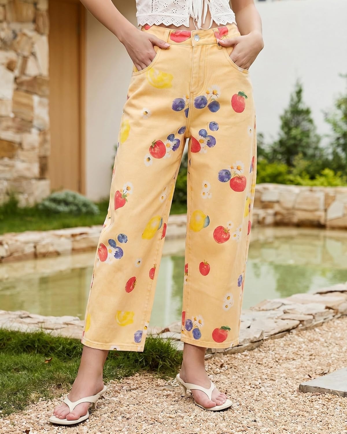 image:imageluvamia Barrel Jeans for Women Cropped High Waisted Baggy Colored Floral Printed Women Western Boyfriend Jeans StretchyWahsed Yellow Golden Fruit