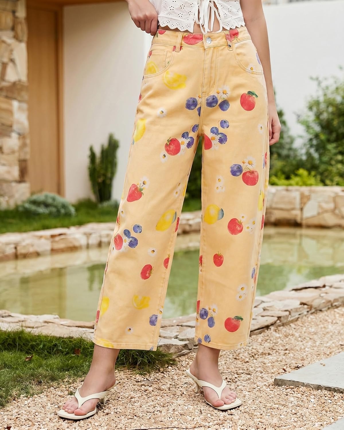 image:imageluvamia Barrel Jeans for Women Cropped High Waisted Baggy Colored Floral Printed Women Western Boyfriend Jeans StretchyWahsed Yellow Golden Fruit