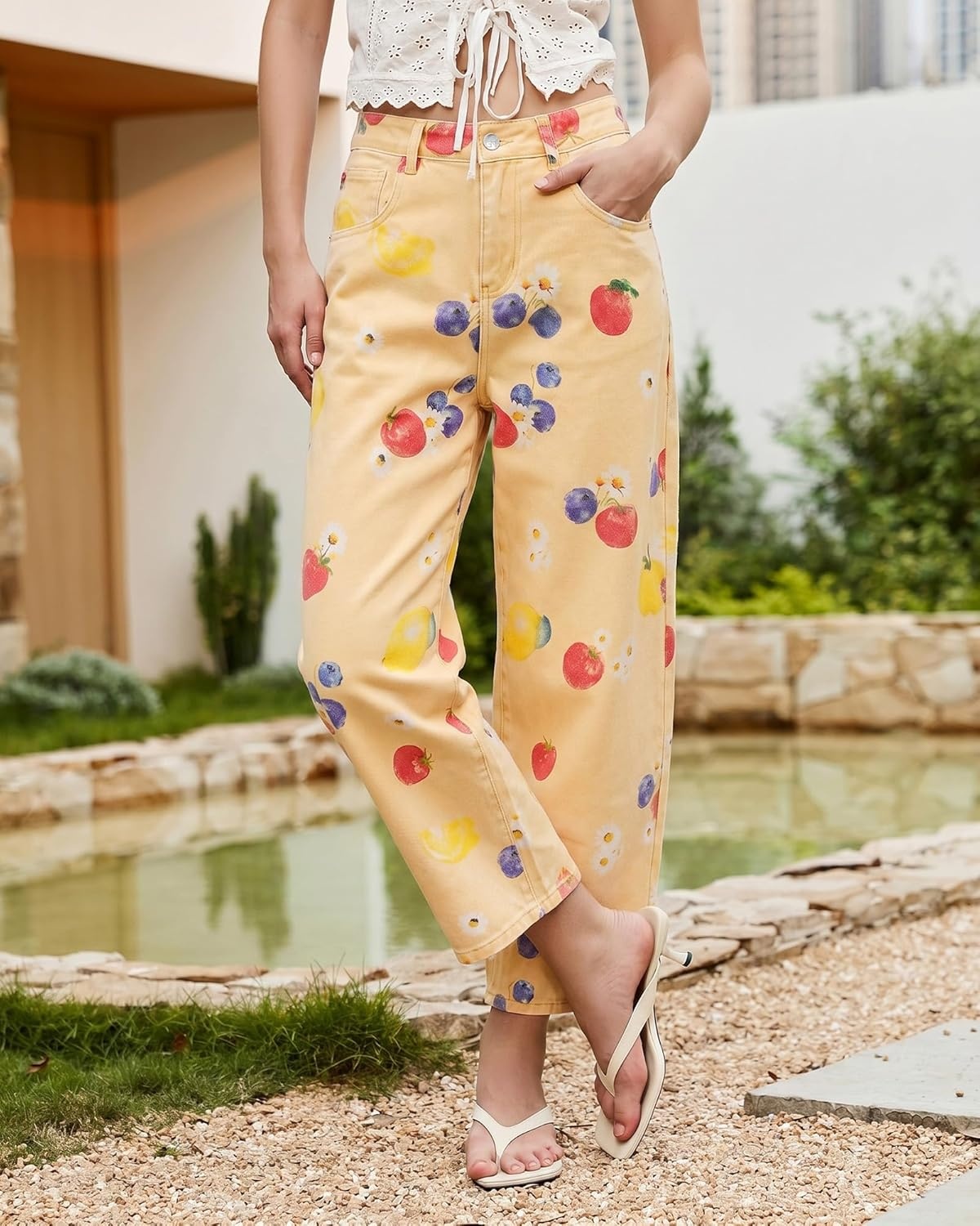 image:imageluvamia Barrel Jeans for Women Cropped High Waisted Baggy Colored Floral Printed Women Western Boyfriend Jeans StretchyWahsed Yellow Golden Fruit