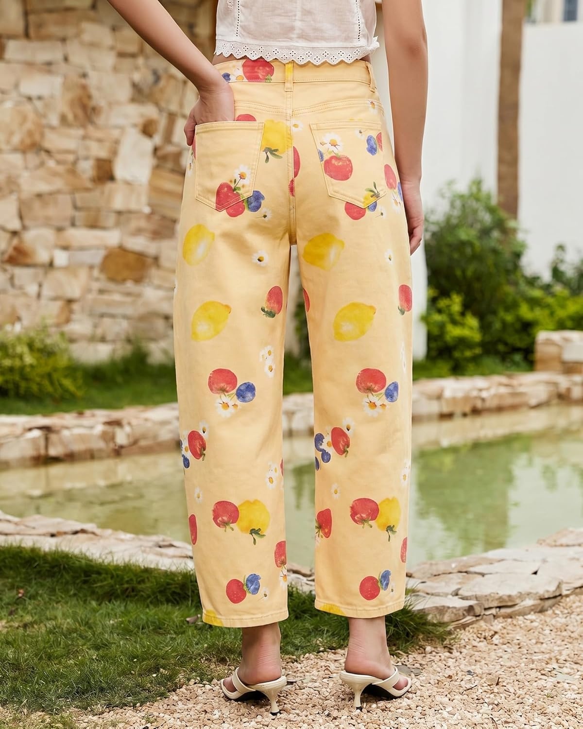 image:imageluvamia Barrel Jeans for Women Cropped High Waisted Baggy Colored Floral Printed Women Western Boyfriend Jeans StretchyWahsed Yellow Golden Fruit