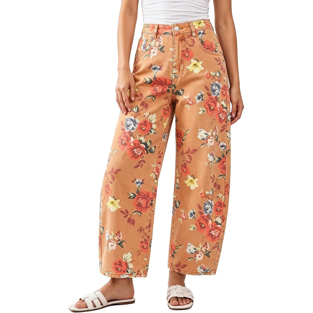 image:imageluvamia Barrel Jeans for Women Cropped High Waisted Baggy Colored Floral Printed Women Western Boyfriend Jeans StretchyBrown Floral