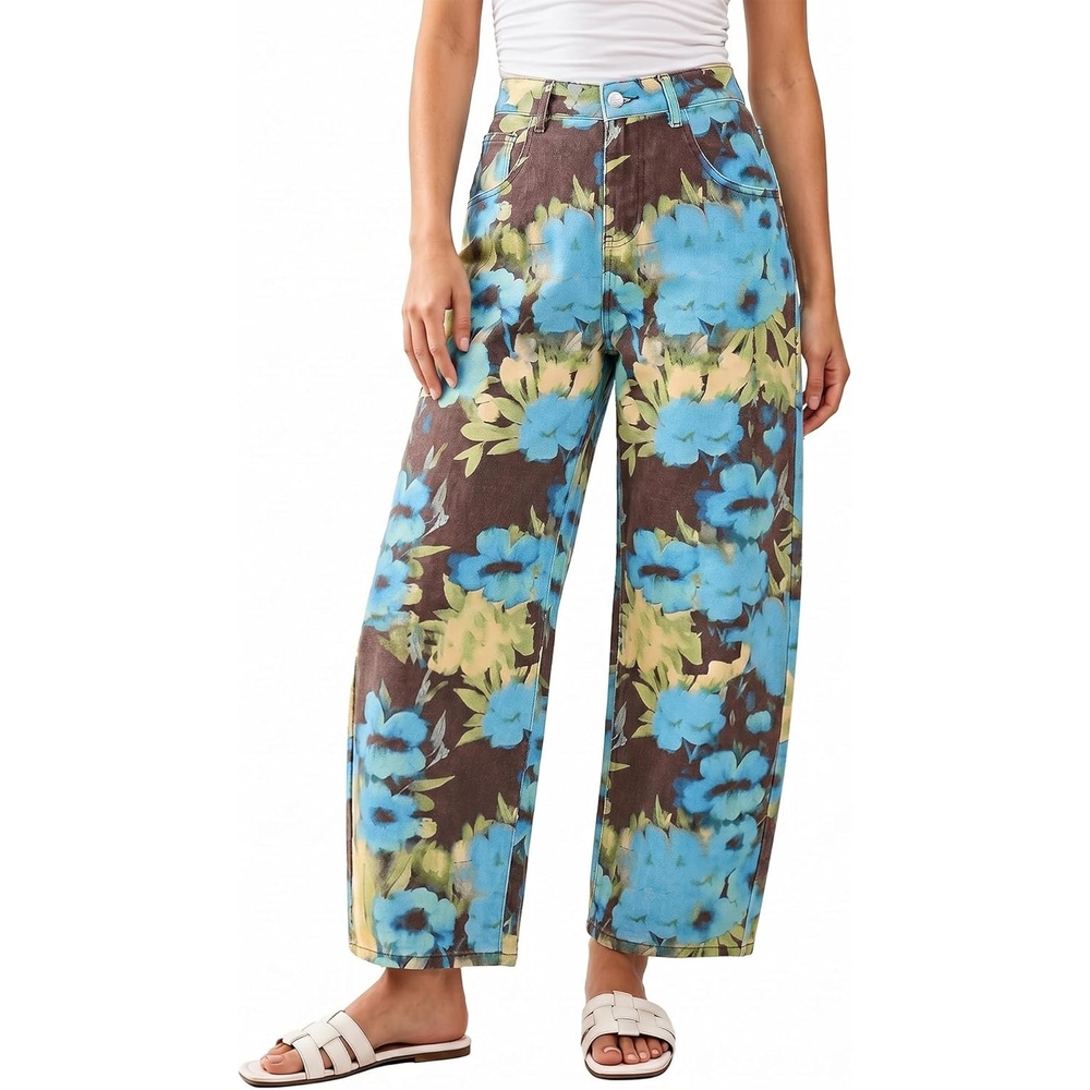 image:imageluvamia Barrel Jeans for Women Cropped High Waisted Baggy Colored Floral Printed Women Western Boyfriend Jeans StretchyDark Floral
