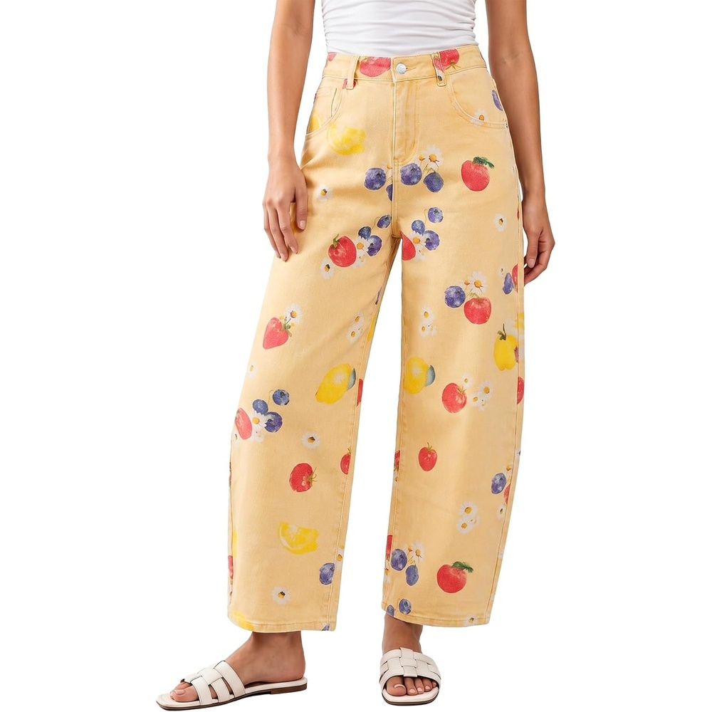 image:imageluvamia Barrel Jeans for Women Cropped High Waisted Baggy Colored Floral Printed Women Western Boyfriend Jeans StretchyWahsed Yellow Golden Fruit