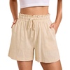 image:imageluvamia Women Linen Shorts Casual Summer Elastic High Waisted Pull On Wide Leg Drawstring Beach Vacation Shorts with PocketsBeige