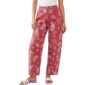 image:imageluvamia Barrel Jeans for Women Cropped High Waisted Baggy Colored Floral Printed Women Western Boyfriend Jeans StretchyRose Red Paisley