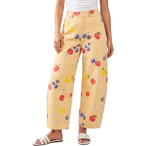 image:imageluvamia Barrel Jeans for Women Cropped High Waisted Baggy Colored Floral Printed Women Western Boyfriend Jeans StretchyWahsed Yellow Golden Fruit