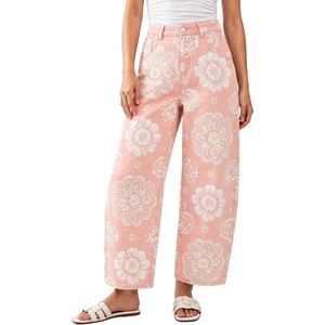 image:imageluvamia Barrel Jeans for Women Cropped High Waisted Baggy Colored Floral Printed Women Western Boyfriend Jeans StretchyWashed Pink Floral