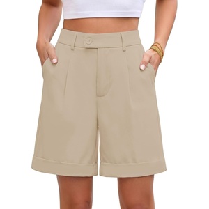 image:imageluvamia Dress Shorts for Women High Waisted Baggy Pleated Work Wide Leg Womens Shorts Casual with Pockets Rolled HemBeige