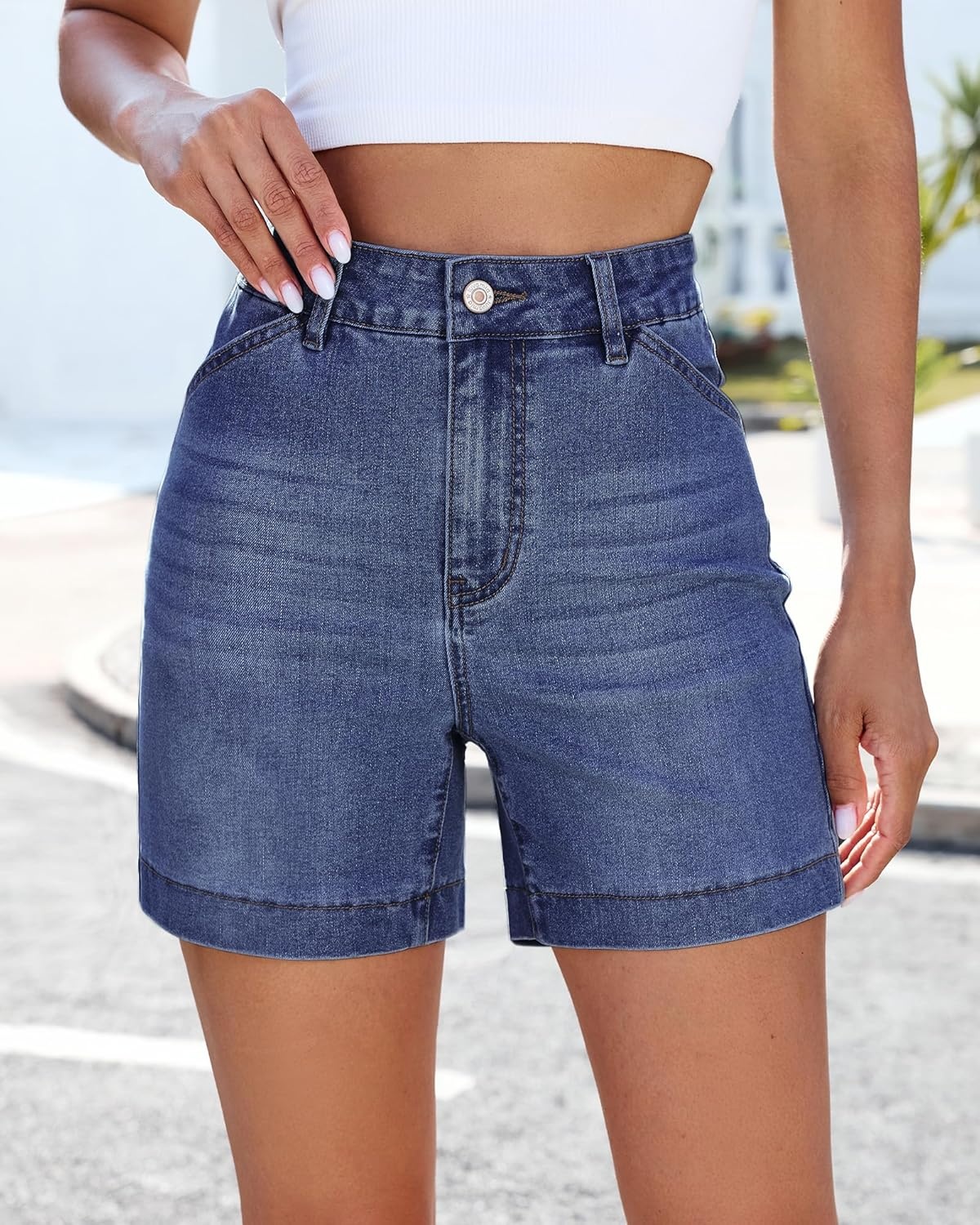 image:imageluvamia Jean Shorts for Women High Waisted Trendy Stretchy Denim Shorts 5 Inch Inseam Summer Casual Jorts with PocketsVintage Blue