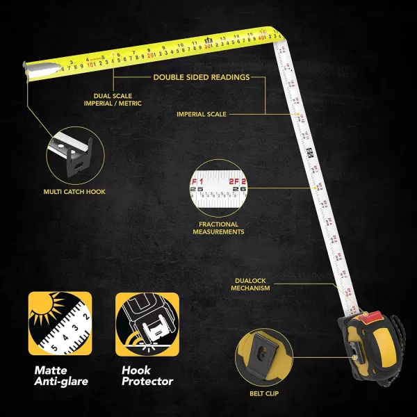imageLEXIVON 3Pack 16Ft5m DuaLock Tape Measure  1Inch Wide Blade with Nylon Coating Matte Finish White ampamp Yellow Dual Sided Rule Print  FtInchFractionsMetric LX207X32PK16FT DuaLock