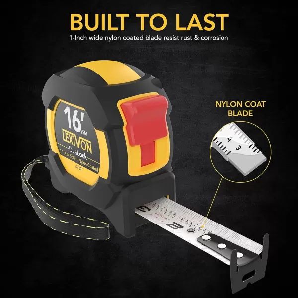 imageLEXIVON 3Pack 16Ft5m DuaLock Tape Measure  1Inch Wide Blade with Nylon Coating Matte Finish White ampamp Yellow Dual Sided Rule Print  FtInchFractionsMetric LX207X32PK16FT DuaLock