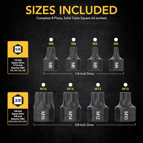 imageLEXIVON Triple Square Bit Socket Set  8Piece M4M16 Dual Drive Super Short 12Point XZN Premium S2 Steel Aluminum Storage Rail LX145SShort XZN