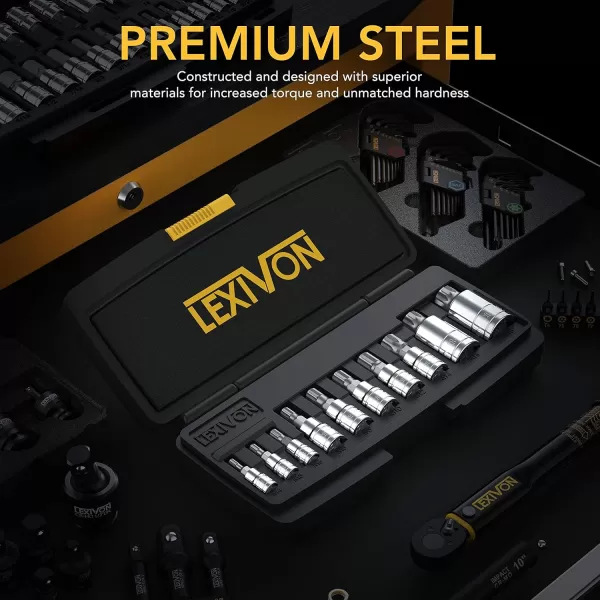 imageLEXIVON Triple Square Bit Socket Set  8Piece M4M16 Dual Drive Super Short 12Point XZN Premium S2 Steel Aluminum Storage Rail LX145SXZN M4  M18