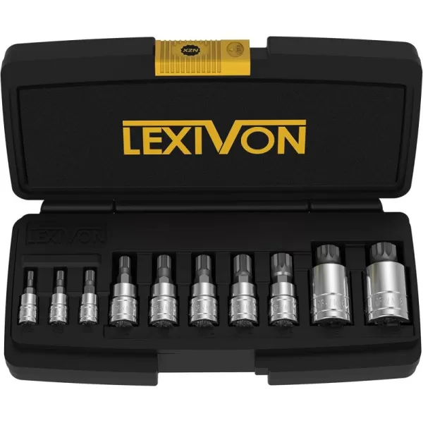 imageLEXIVON Triple Square Bit Socket Set  8Piece M4M16 Dual Drive Super Short 12Point XZN Premium S2 Steel Aluminum Storage Rail LX145SXZN M4  M18