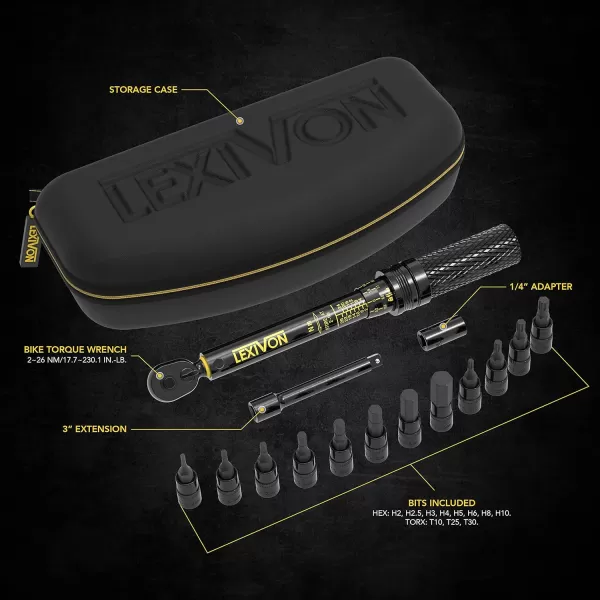 imageLEXIVON Bike Torque Wrench 14Inch Dr 15Piece Kit  72Tooth Gear DualDirection Click Type 226 Nm  1772301 inlb LX191Bike Torque wrench kit