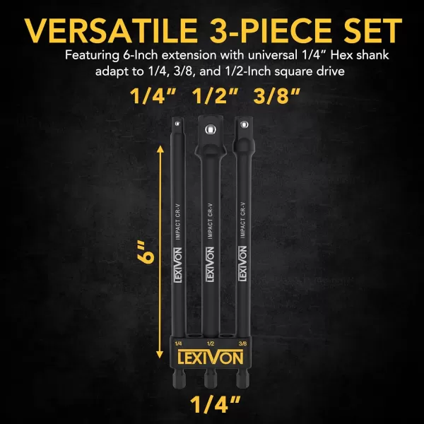 imageLEXIVON Impact Grade Socket Adapter Set 6quot Extension Bit With Holder  3Piece 14quot 38quot and 12quot Drive Adapt Your Power Drill To High Torque Impact Wrench LX1026Inch 3Pack 14  38  12