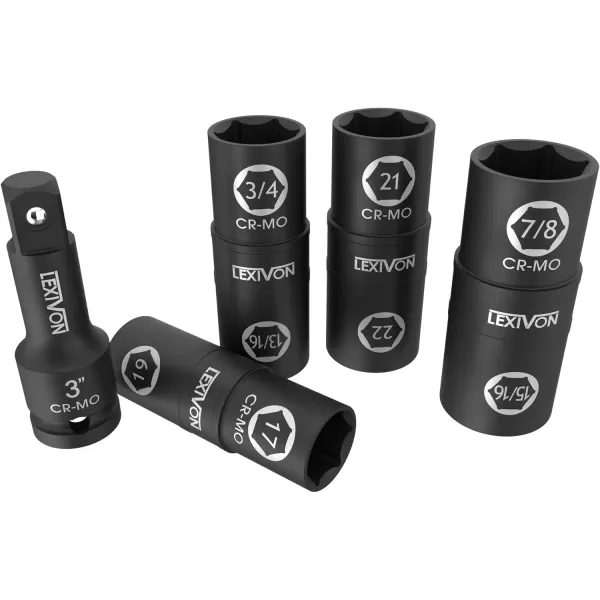 imageLEXIVON Lug Nut Impact Socket Set 12Inch Drive  Innovative 8IN4 Flip Socket Design Covers Most Commonly Used Inch ampamp Metric Wheel Nuts  CrMo Steel  Full Impact Grade LX11012 sockets Set  to 17 19 21  22mm  34  1316  78  1516