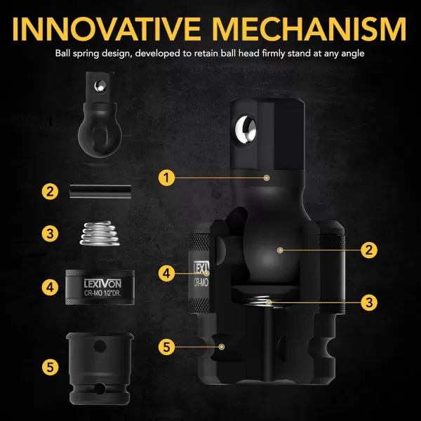 imageLEXIVON Premium Impact Universal Joint Socket Swivel Set  3Piece Ball Spring Design 12quot 38quot and 14quot UJoint Drive  CrMo Steel  Full Impact Grade LX113impact Universal joint Patented SLIM Design