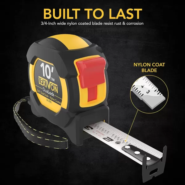imageLEXIVON 10Ft3m DuaLock Tape Measure  34Inch Wide Blade with Nylon Coating Matte Finish White ampamp Yellow Dual Sided Rule Print  FtInchFractionsMetric LX2003PK10FT DuaLock