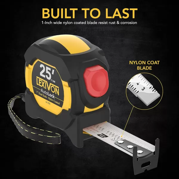 imageLEXIVON 2Pack 25Ft75m DuaLock Tape Measure  1Inch Wide Blade with Nylon Coating Matt Finish White ampamp Yellow Dual Sided Rule Print  FtInchFractionsMetric LX2023Pack