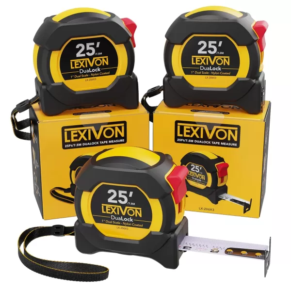 imageLEXIVON 2Pack 25Ft75m DuaLock Tape Measure  1Inch Wide Blade with Nylon Coating Matt Finish White ampamp Yellow Dual Sided Rule Print  FtInchFractionsMetric LX2023Pack